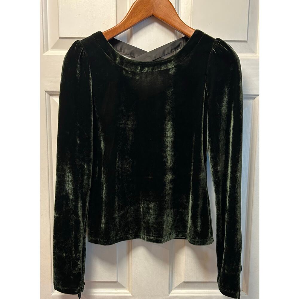 Anthropologie Green Velvet Ribbon Trimmed Open Back Long Sleeve, Size S